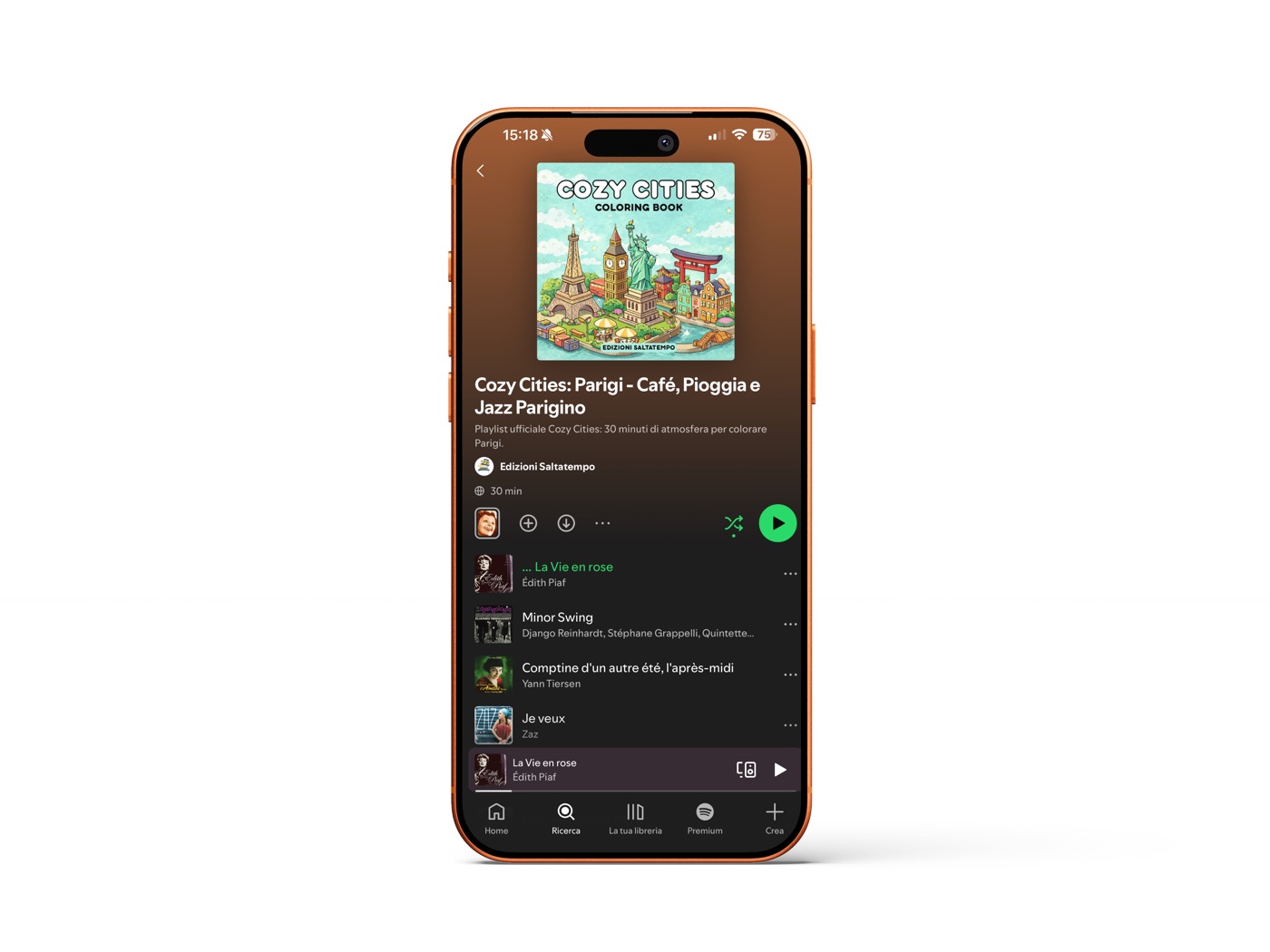 Anteprima della playlist Spotify Cozy Cities Volume 1 su iPhone