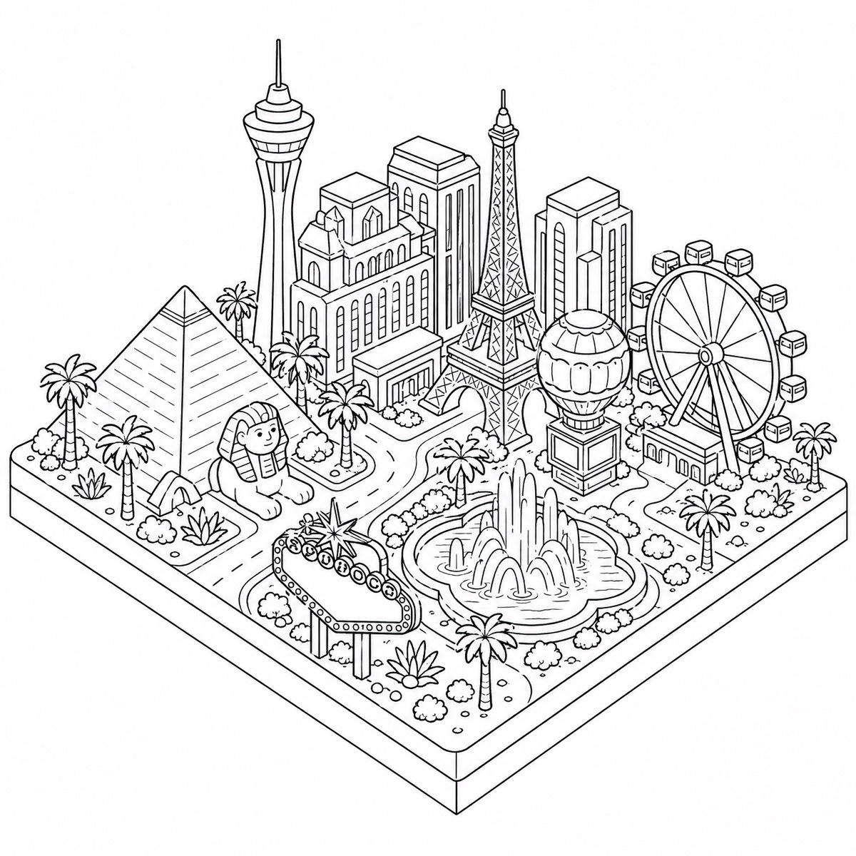 Las Vegas da colorare, pagina in bianco e nero